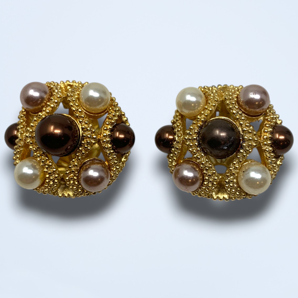 Vintage 1980s Erwin Pearl Earrings Gold Tone Faux Pearl Beaded Statement Cluster